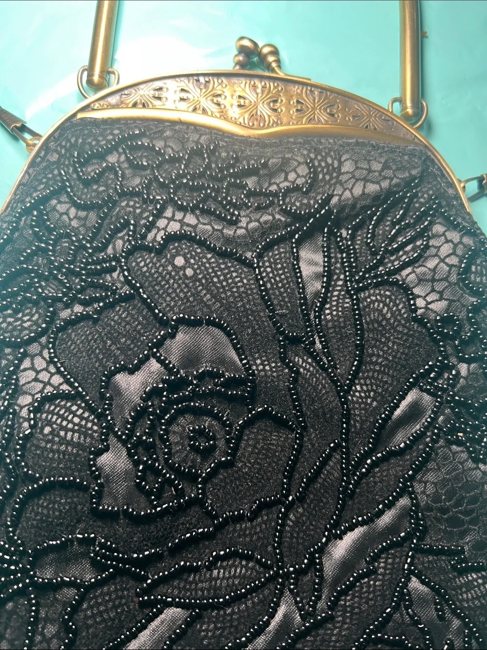 Vintage-Inspired Black Beaded Evening Bag with Gold Frame Kiss Lock
